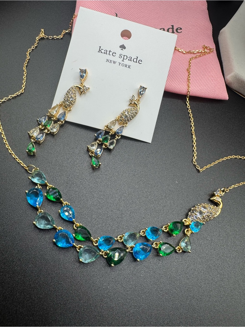 kate spade Gold-Tone Blue & Green Teardrop Peacock Necklace and Earrings set